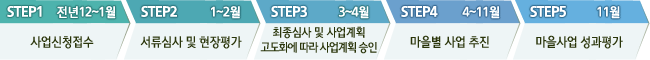 STEP 1 전년12~1월(사업신청접수)→STEP 2 1~2월(서류심사 및 현장평가)→STEP 3 3~4월(최종심사 및 사업계획 고도화에 따라 사업계획 승인)→STEP 4 4~11월(마을별 사업 추진)→STEP 5 11월(마을사업 성과평가)