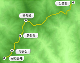 덕유산권의 삿갓골재, 두룡산, 동엽령, 백암봉, 신풍령의 구간 지도입니다.